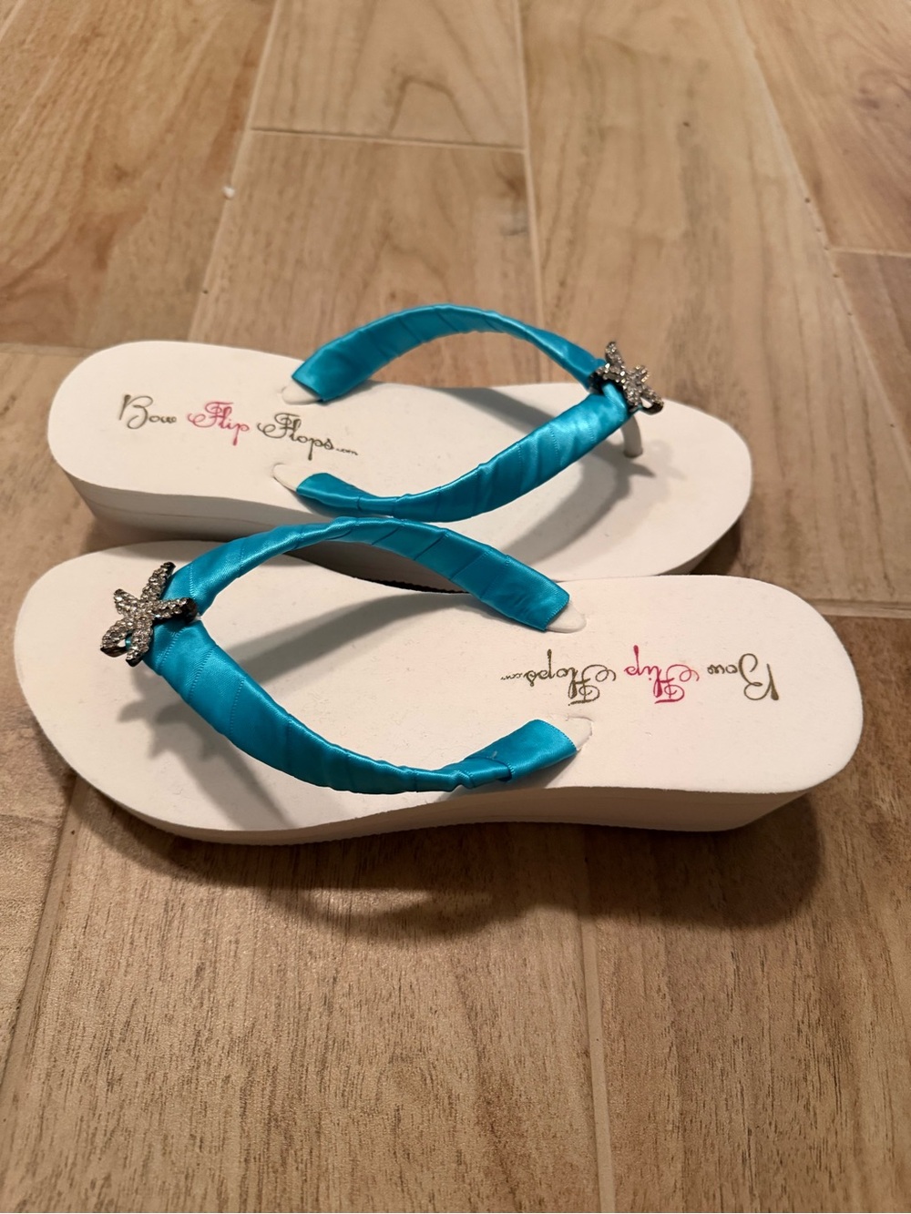 Bow Flip Flops Turquoise Satin Wedge Sandals with Rhinestone Star
